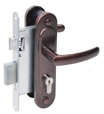 Замок врезной цилиндровый с защелкой в комплекте с ручкой ЗВ4.2-08 (медь антик) 4кл. АБСОЛЮТ